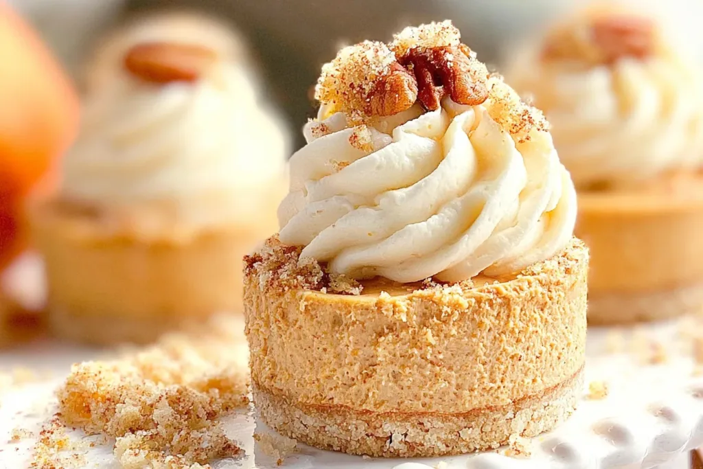 No Bake Pumpkin Mini Cheesecakes Served on a Plate
