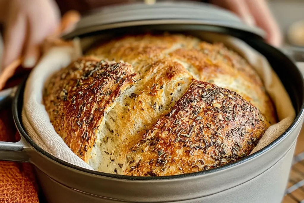 Golden Brown No Knead Garlic Herb Dutch Oven Bread