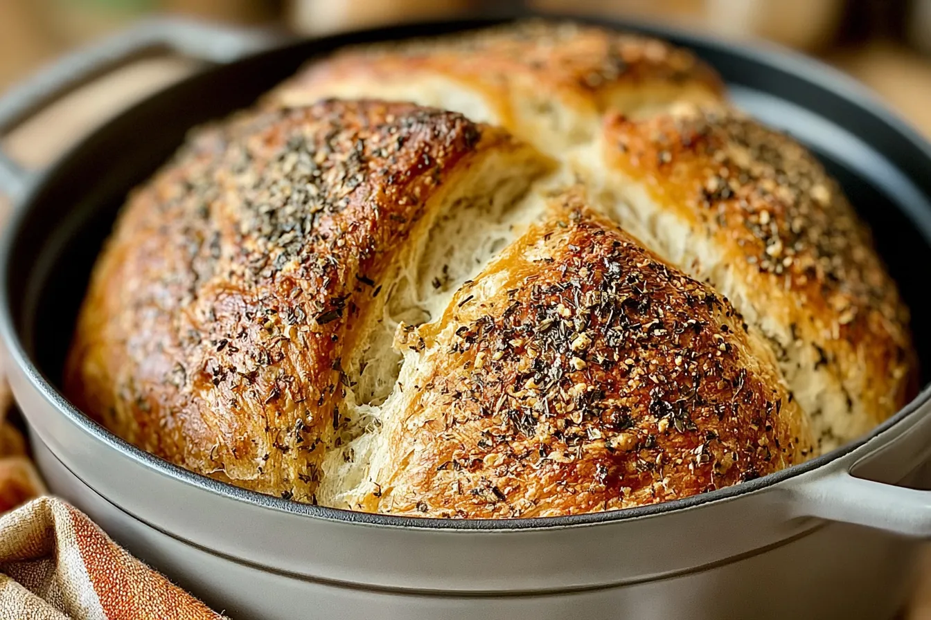 No Knead Garlic Herb Dutch Oven Bread Recipe (Crispy Crust) 