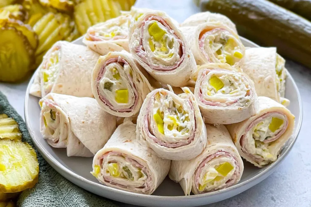Delicious Pickle Dip Pinwheels on a Platter