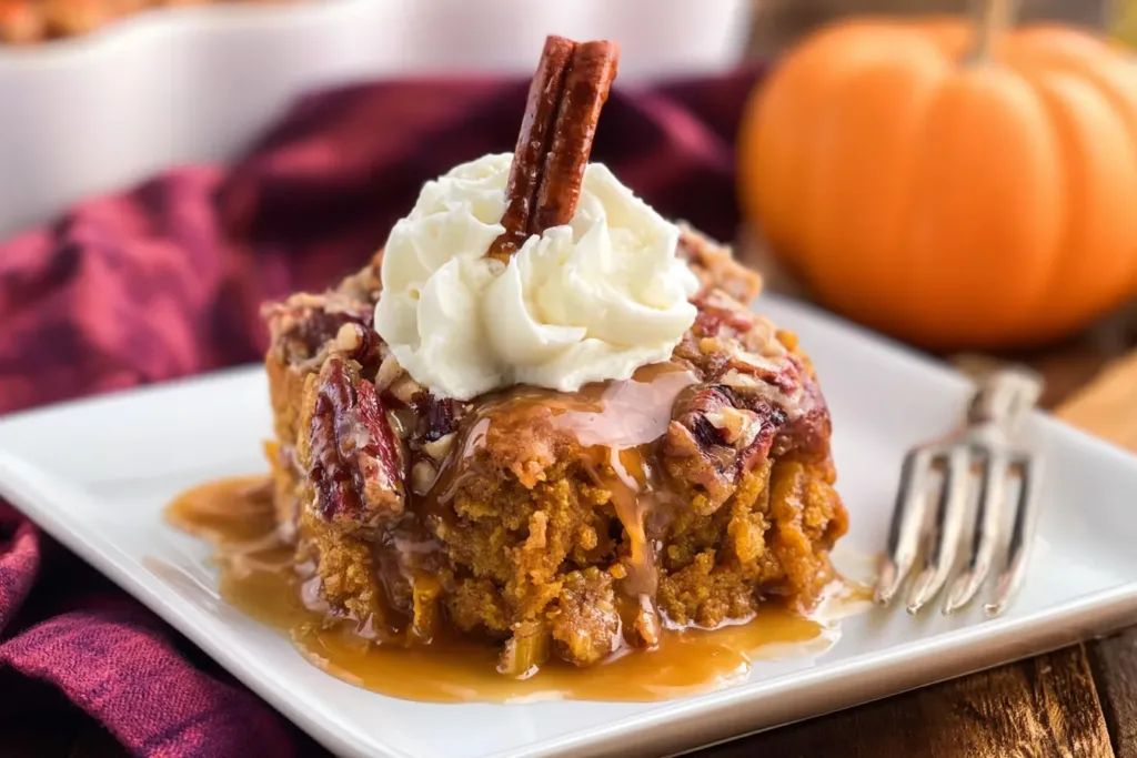 Pumpkin Dump Cake Served Warm with Whipped Cream