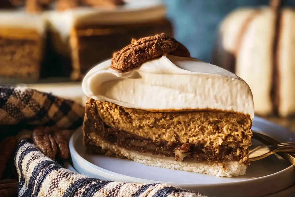 Delicious Pumpkin Pecan Pie Cheesecake Slices on a Plate