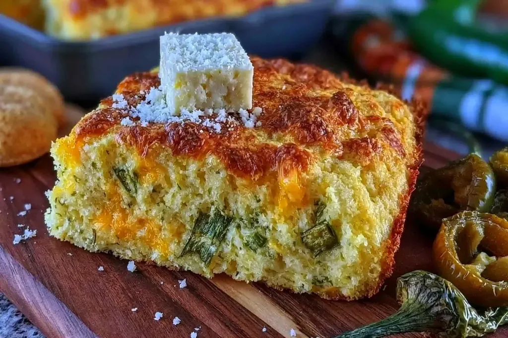Roasted Hatch Chili Cheddar Cornbread in a Rustic Setting