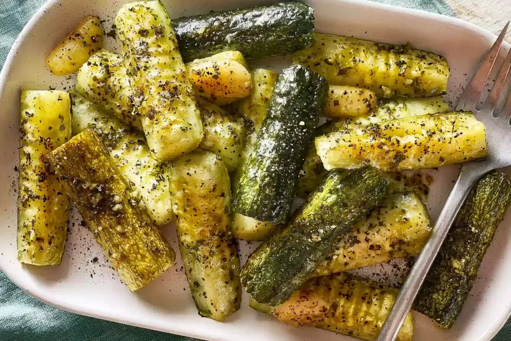 Roasted Zucchini with Garlic on a Wooden Plate