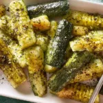 Roasted Zucchini with Garlic on a Wooden Plate
