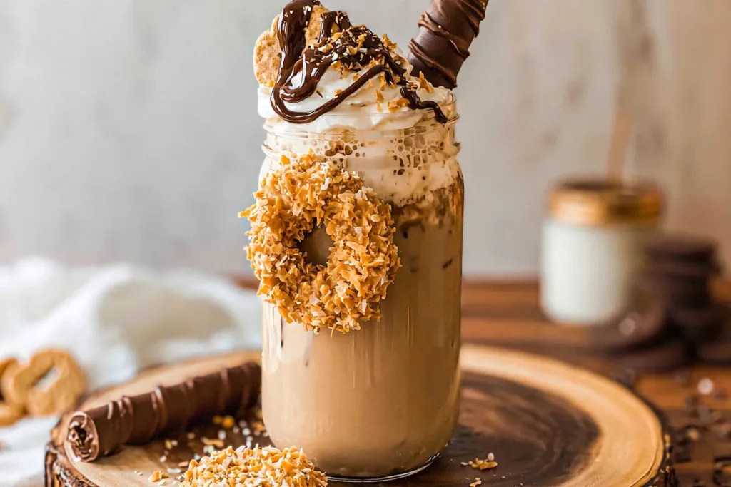 Samoas Iced Coffee in a Glass with Toppings