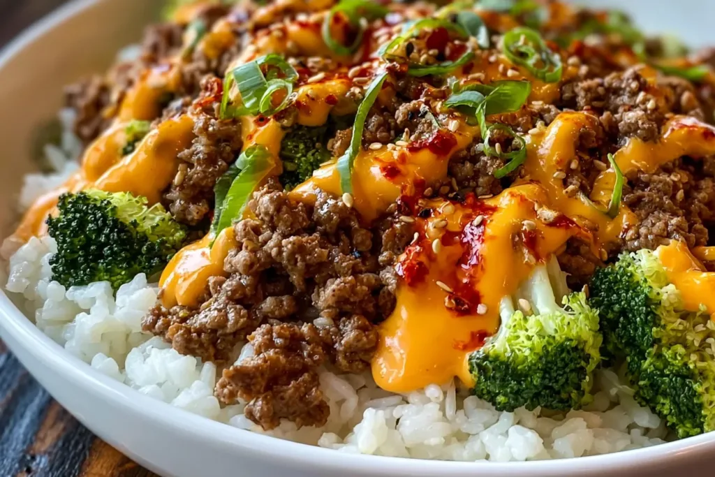 Savory Korean Ground Beef Bowls with Zesty Spicy Mayo Plated