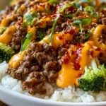 Savory Korean Ground Beef Bowls with Zesty Spicy Mayo Plated