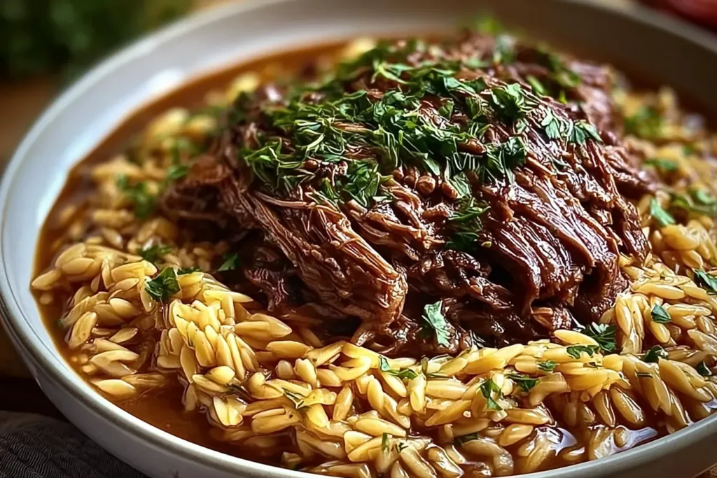 Mouthwatering Slow-Cooked Beef Shoulder with Garlic Orzo