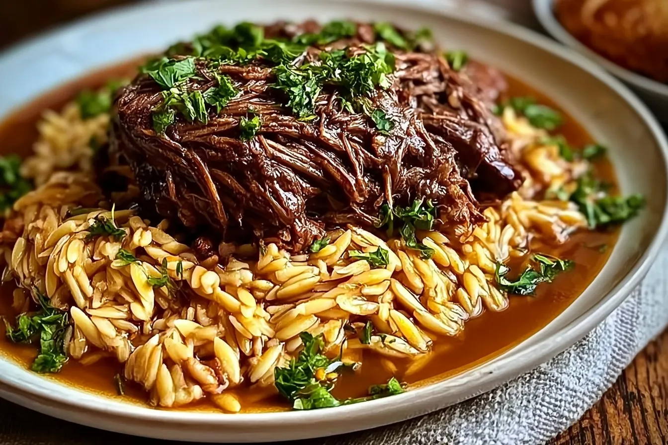 Slow-Cooked Beef Shoulder with Garlic Orzo: Your Cozy Dinner Delight 