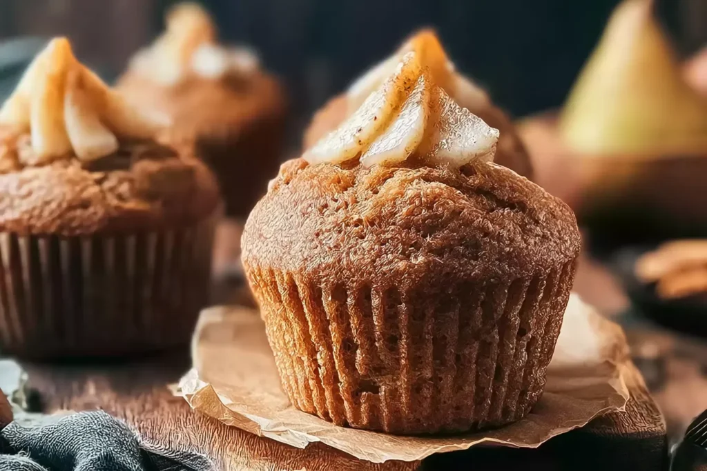 Delicious Spiced Pear Muffins on a Wooden Table