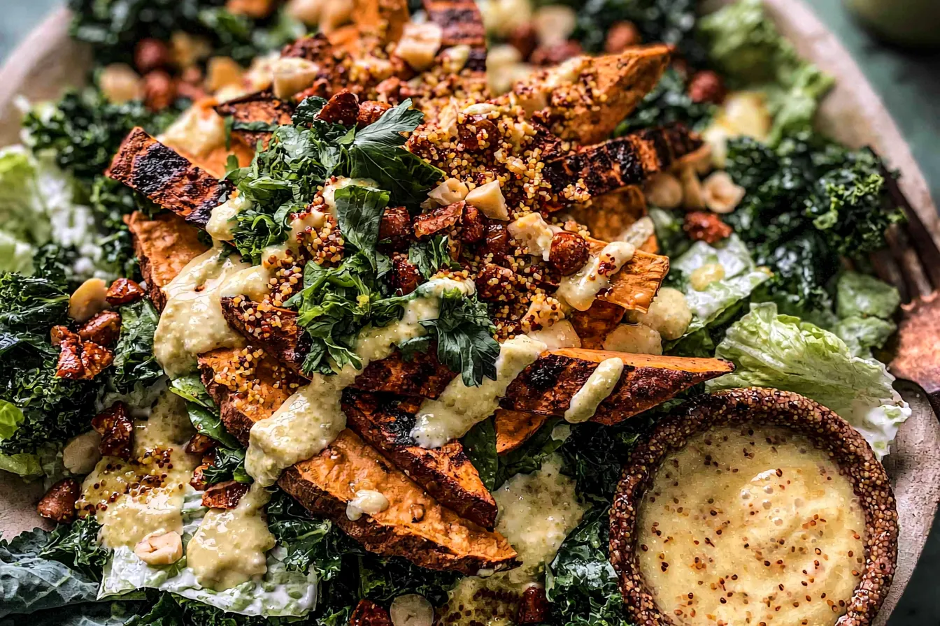 Sweet Potato Kale Salad with Creamy Honey Mustard Dressing.