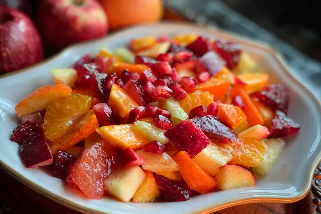 Winter Fruit Salad with Cinnamon Vanilla Dressing in a Bowl