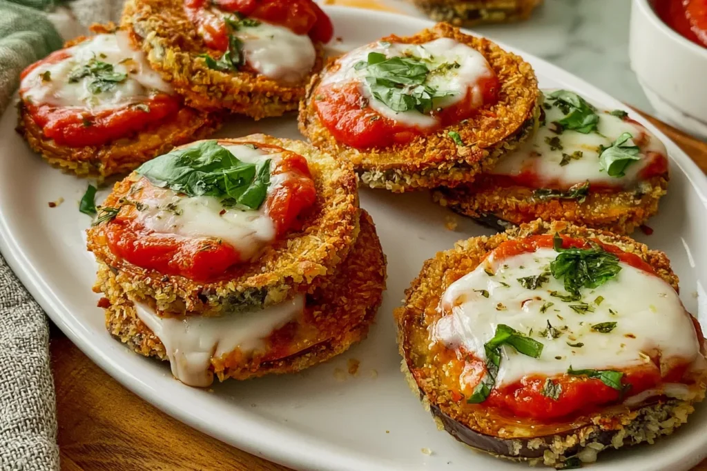 Crispy Air Fryer Eggplant Parmesan Served on a Plate