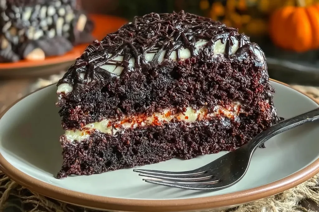 Decadent Black Velvet Cake with Spiderweb Frosting