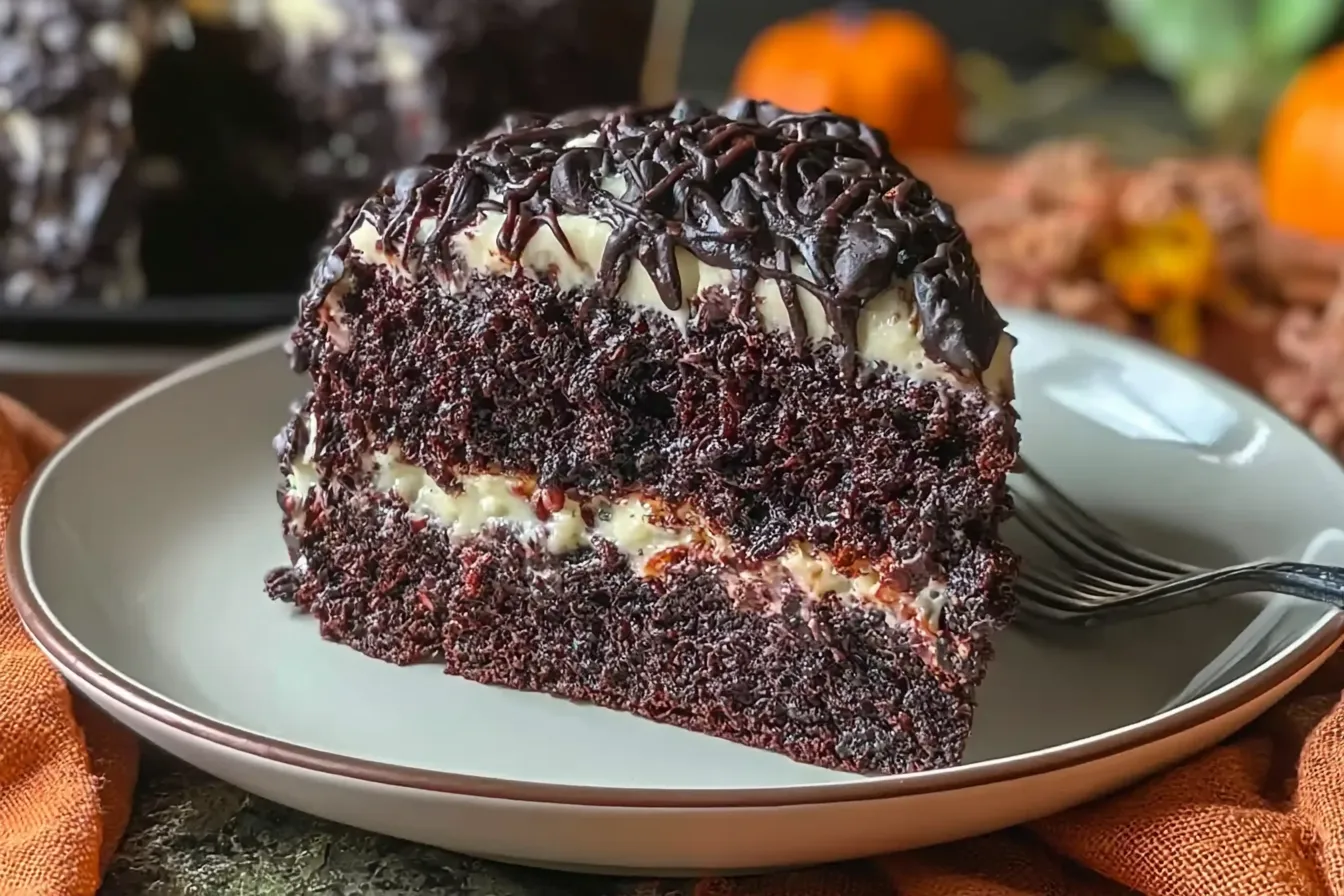 Decadent Black Velvet Halloween Cake Recipe with Easy Spiderweb Frosting 4 Decadent Black Velvet Halloween Cake Recipe with Easy Spiderweb Frosting
