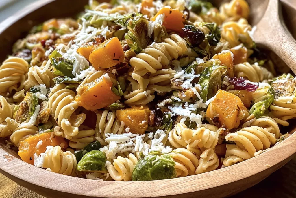 Fall Pasta Salad with Butternut Squash and Brussels Garnished