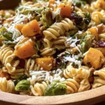 Fall Pasta Salad with Butternut Squash and Brussels Garnished