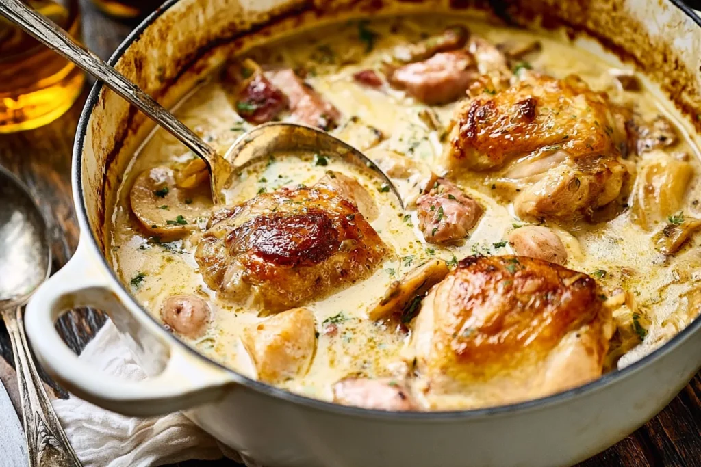 French Chicken Casserole a la Normande Served Warm