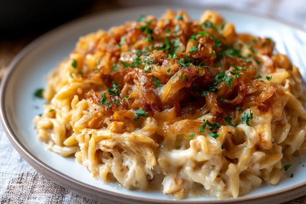 Delicious French Onion Chicken Orzo Casserole Ready to Serve