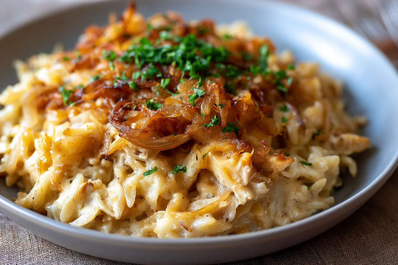 French Onion Chicken Orzo Casserole