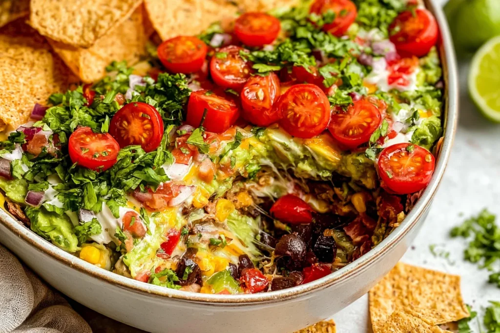 Fresh & Healthy 7-Layer Dip in a Colorful Dish