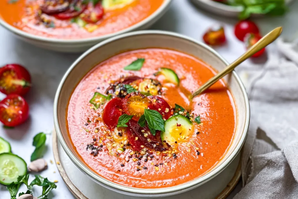 Fresh Tomato Gazpacho with Cucumber in a Bowl