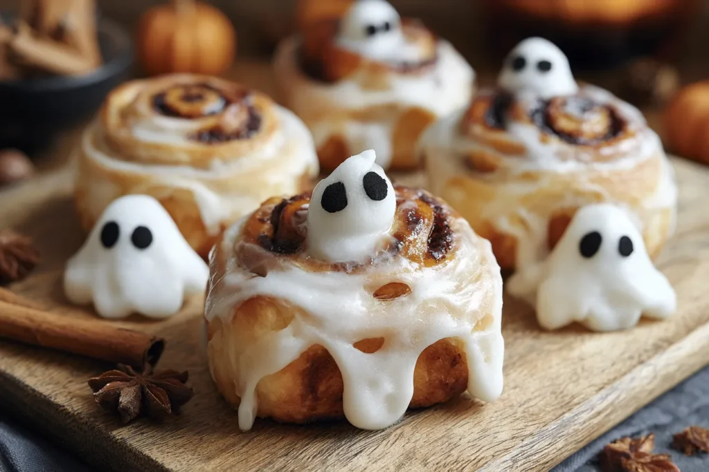 Ghost Cinnamon Rolls on a Spooky Serving Plate