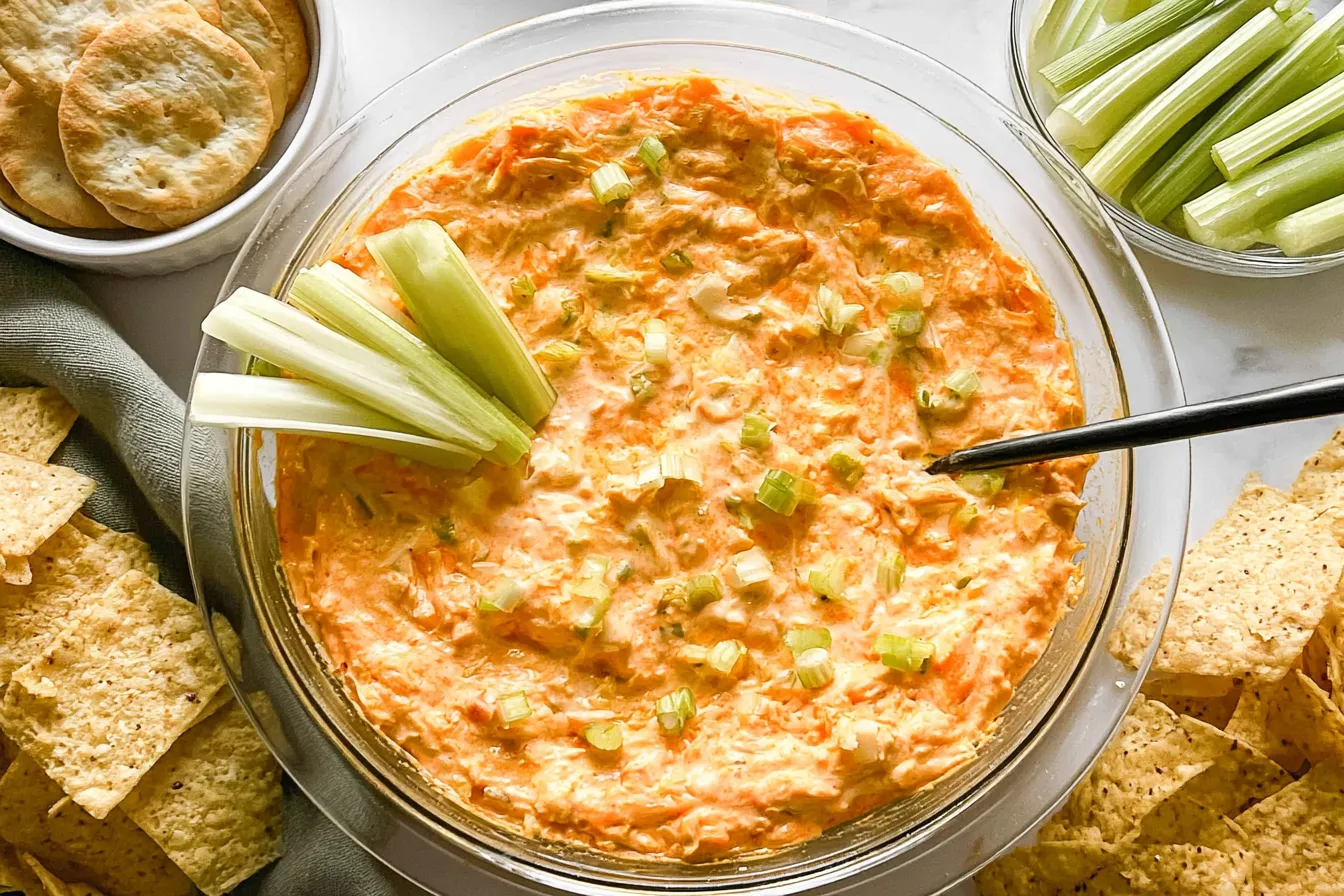 Greek Yogurt Buffalo Chicken Dip Recipe (No Cream Cheese) 