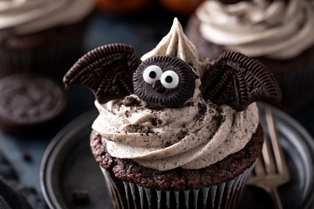 Halloween Bats Oreo Cupcakes with Cookies and Cream Frosting Display