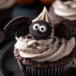 Halloween Bats Oreo Cupcakes with Cookies and Cream Frosting Display
