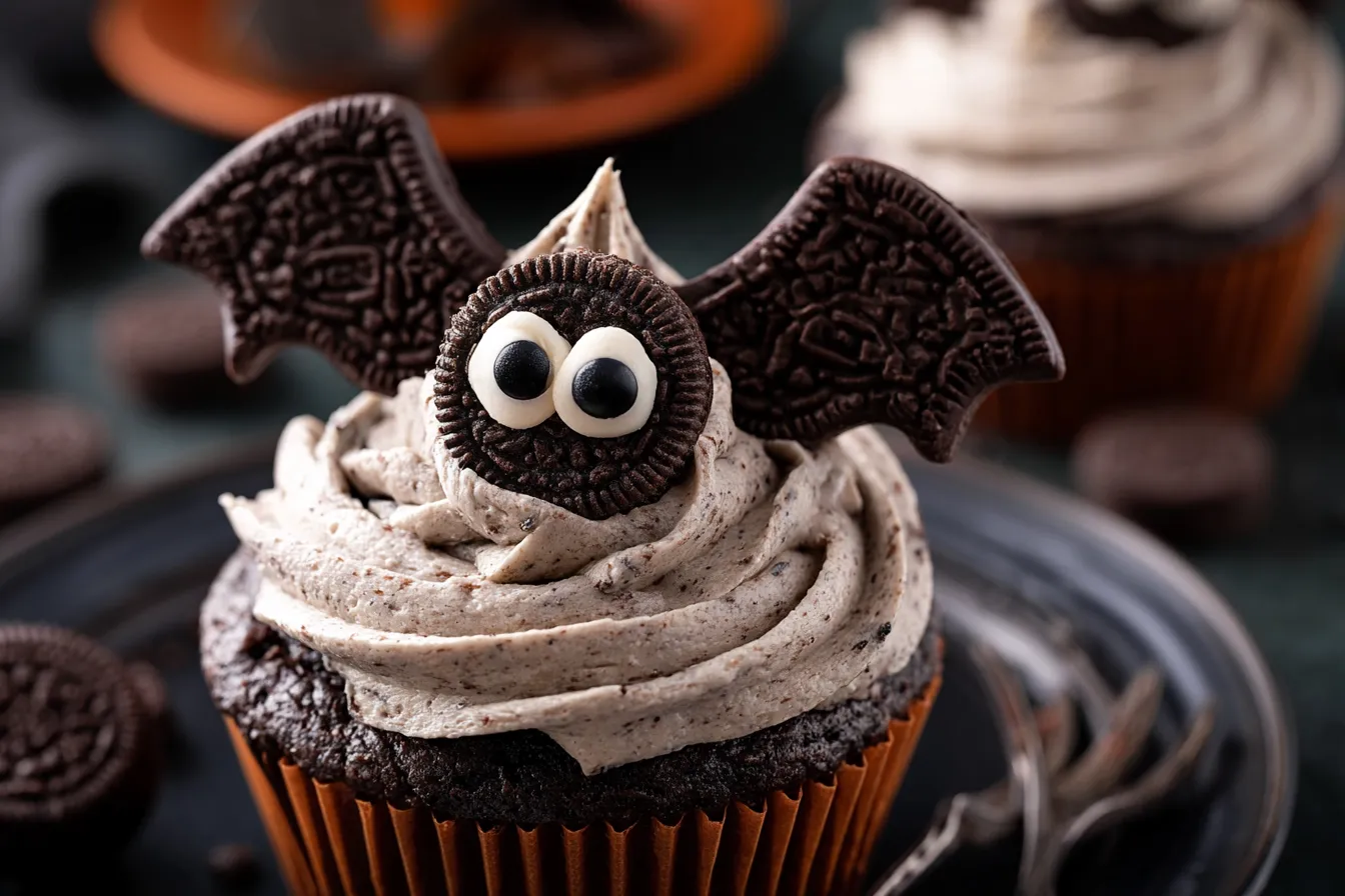 Halloween Bats Oreo Cupcakes with Cookies and Cream Frosting 