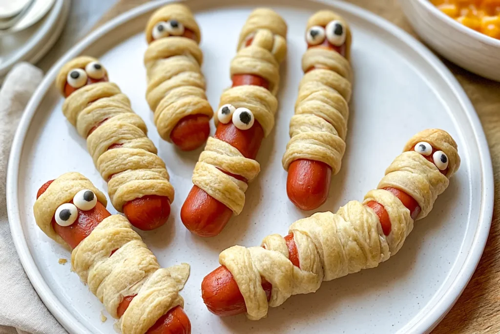 Halloween Mummy Hotdogs on a spooky plate