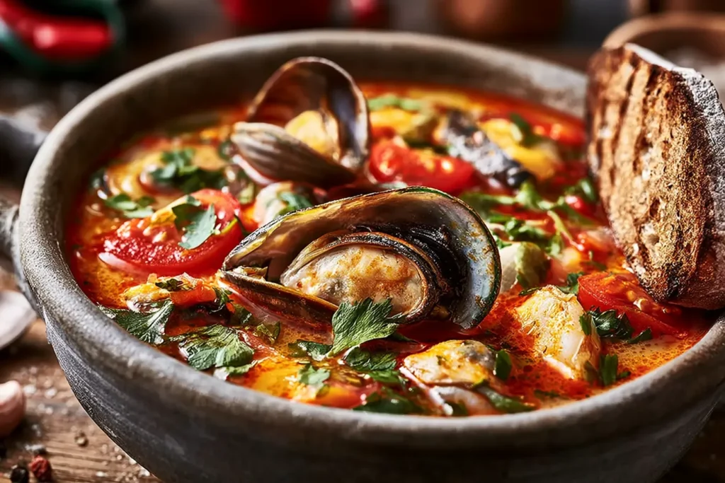 Healthy Mediterranean Fish Soup Garnished with Fresh Herbs