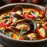Healthy Mediterranean Fish Soup Garnished with Fresh Herbs