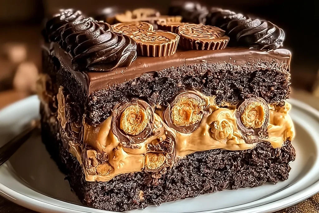 Indulgent Reese’s Peanut Butter Earthquake Cake You’ll Love 3 Indulgent Reese’s Peanut Butter Earthquake Cake Slices