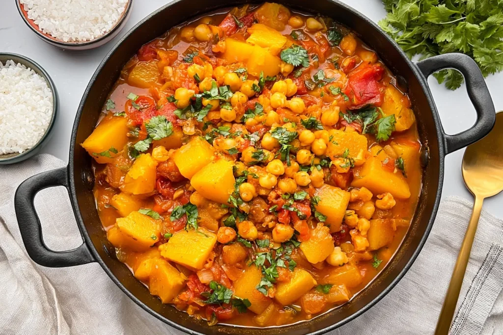 MOROCCAN PUMPKIN & CHICKPEA STEW in a rustic bowl