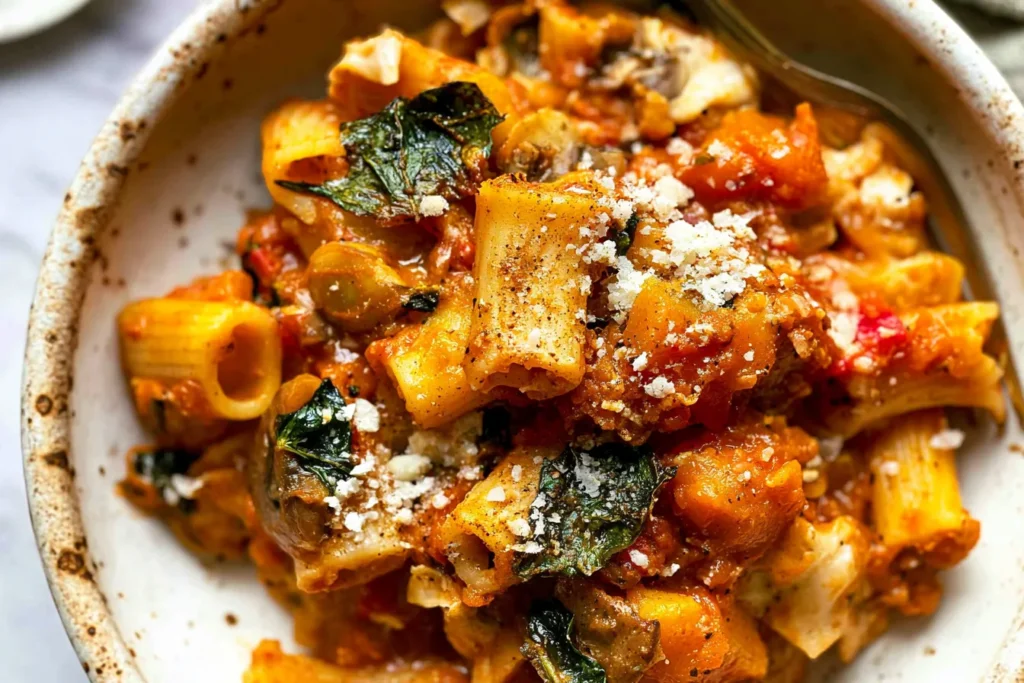 Warm Pasta Bake with Pumpkin Tomato Sauce on a Wooden Table