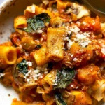 Warm Pasta Bake with Pumpkin Tomato Sauce on a Wooden Table