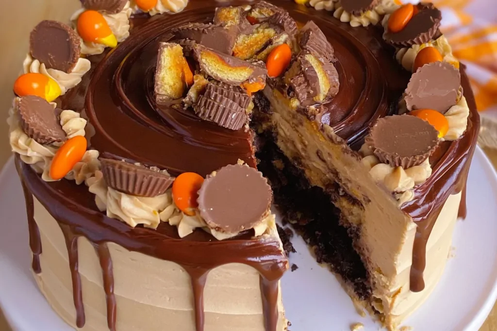 Reese's Explosion Cake Close-Up: A Chocolate and Peanut Butter Dream