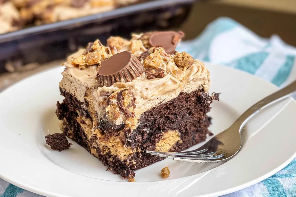 Reese’s Peanut Butter Cup Poke Cake: A Dessert Dream Come True 3 Reese’s Peanut Butter Cup Poke Cake Slice on a Plate