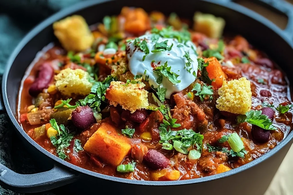 Skillet Vegetarian Chili with Cornbread Croutons Delight