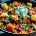 Skillet Vegetarian Chili with Cornbread Croutons Delight
