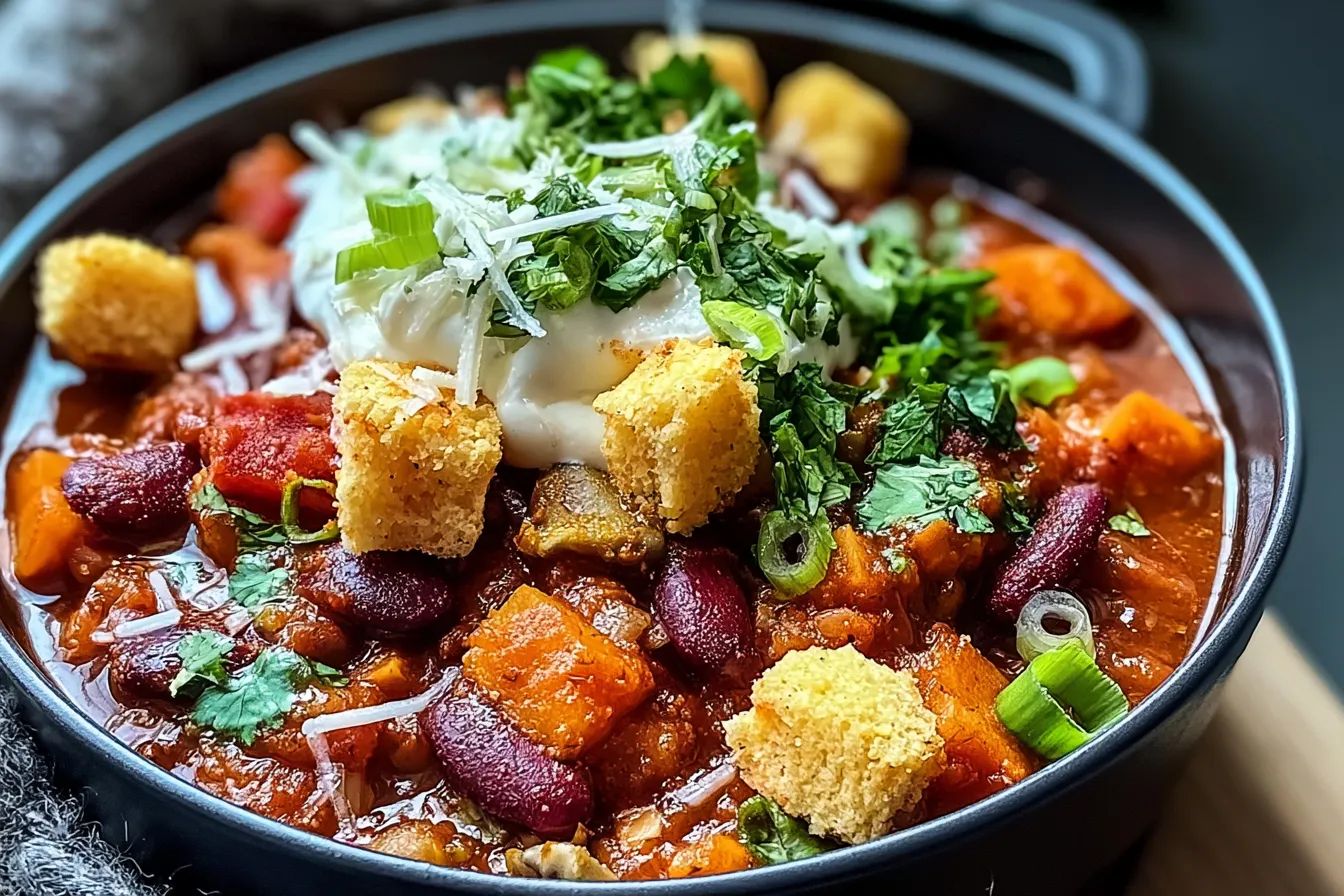Skillet Vegetarian Chili with Cornbread Croutons 