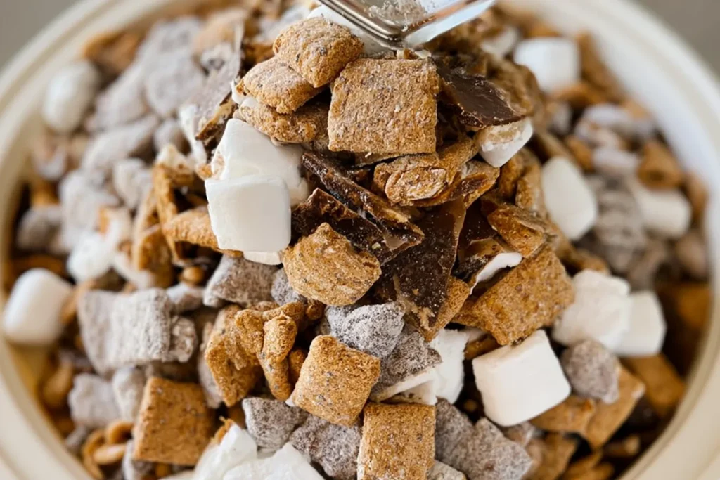 Delicious S’mores Muddy Buddies in a Bowl