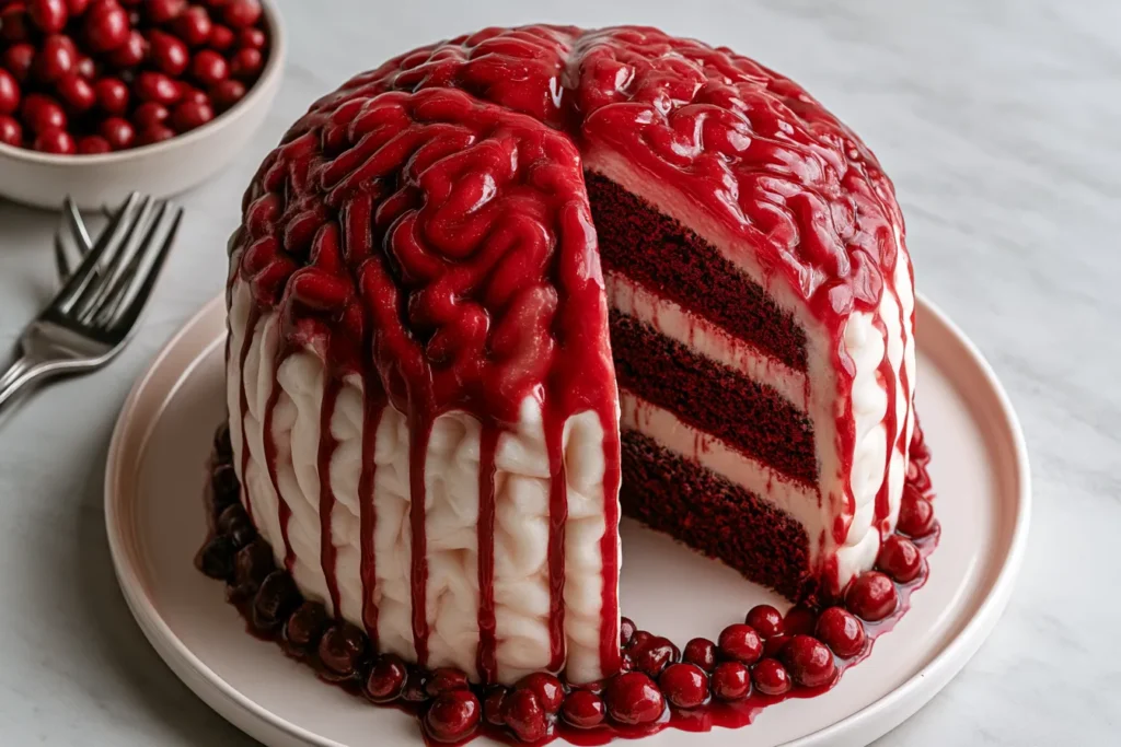 Spooky Red Velvet Bleeding Brain Halloween Cake Slice