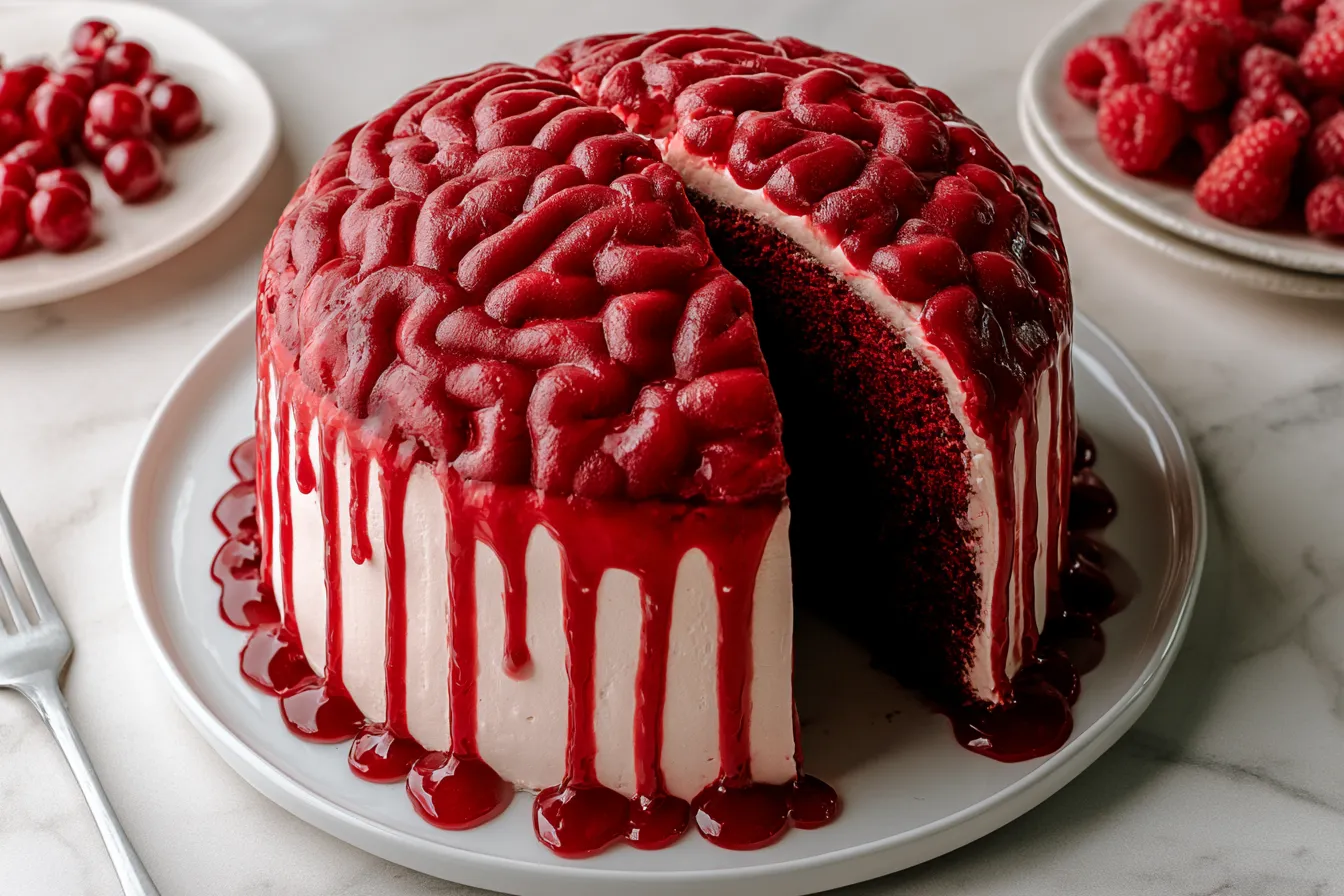 Spooky Red Velvet Bleeding Brain Halloween Cake 