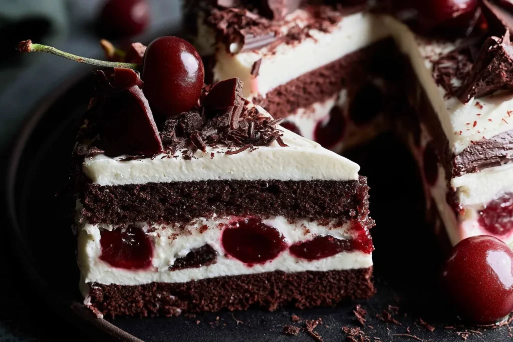 Traditional Black Forest Cake: A Slice of Heaven Awaits 3 Sliced Traditional Black Forest Cake with Cherries