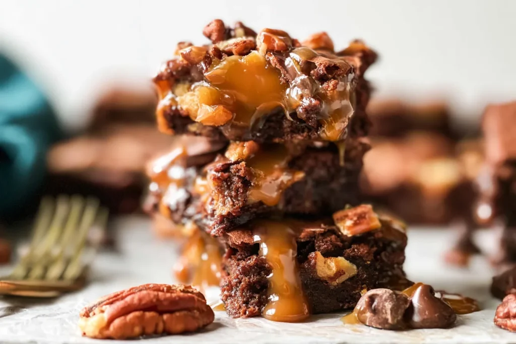 Delicious Turtle Brownies on a Dessert Platter