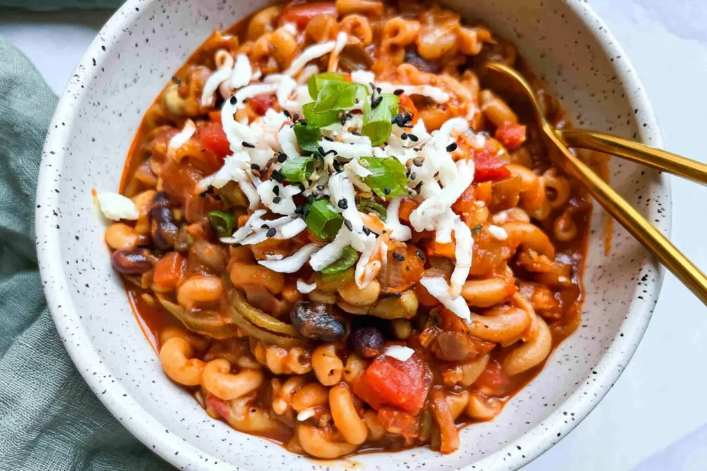 Vegetarian Chili Mac Served in a Colorful Bowl